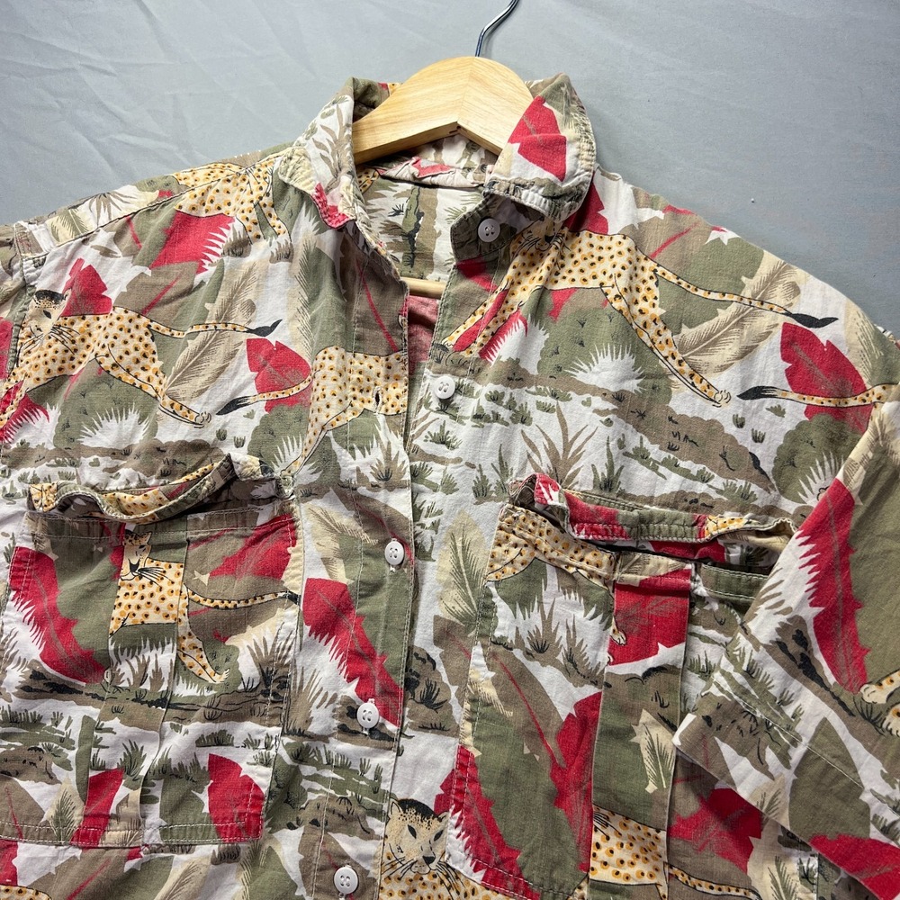 Vintage Animal Print Blouse Womens Small Button Up Leopard Cheetah Safari Cotton